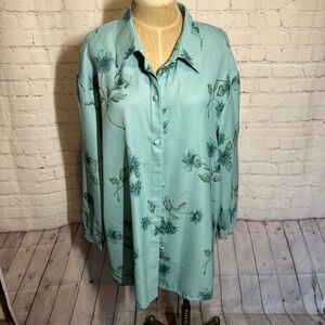 Vintage Green Floral Button Down Shirt with Notched Collar size 1x
